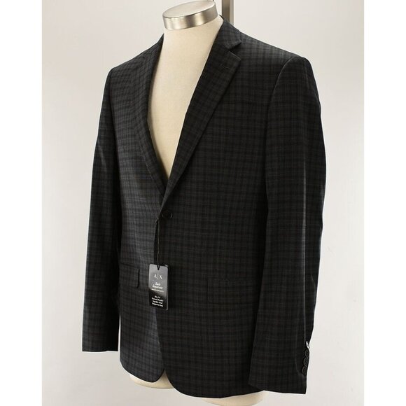ARMANI EXCHANGE Mens Gray Black Plaid SLIM Fit Wool Stretch Suit Jacket 38 R NWT